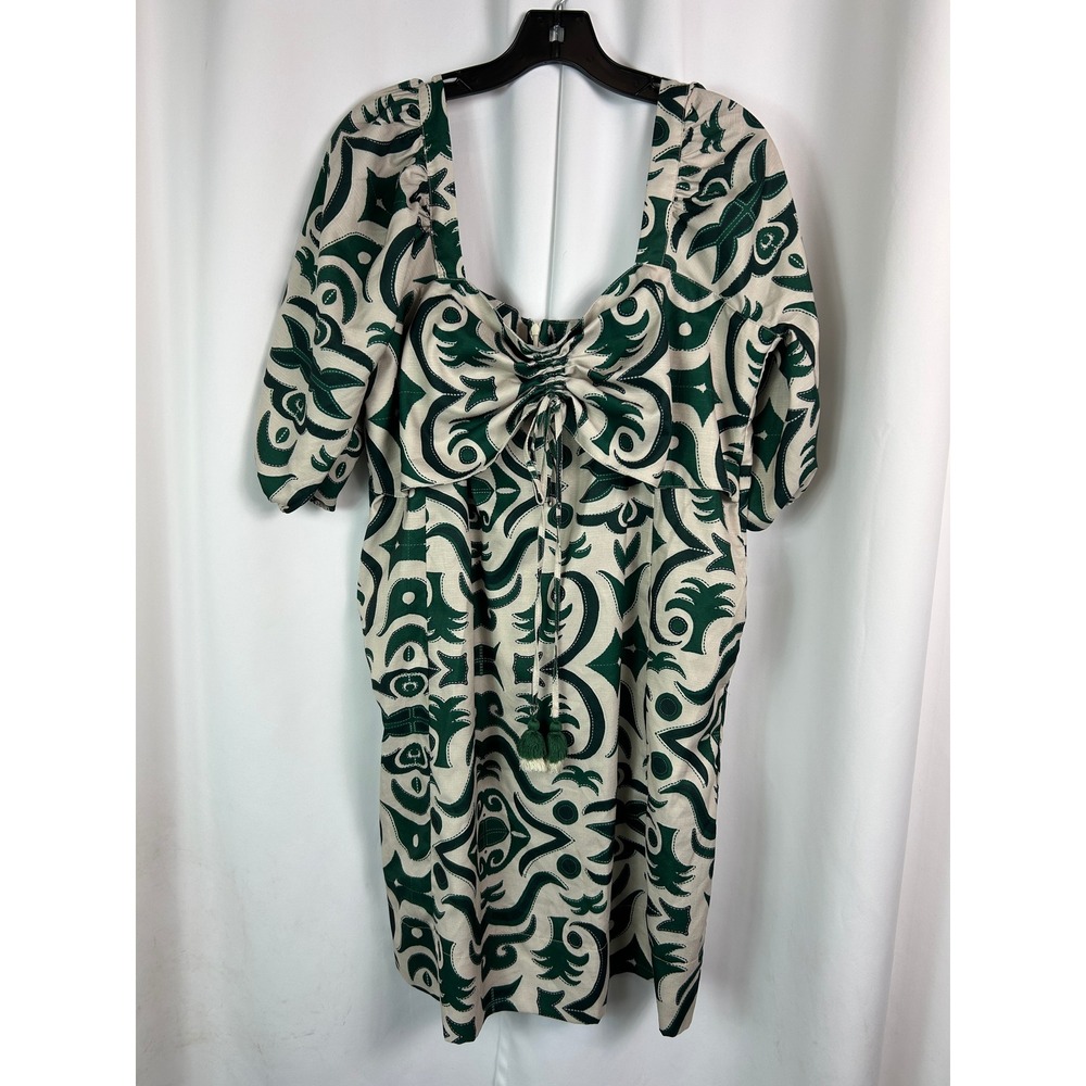 Plains & Prints Green Cream Abstract Print Puff Sleeve Tassel Dress Boho M/10